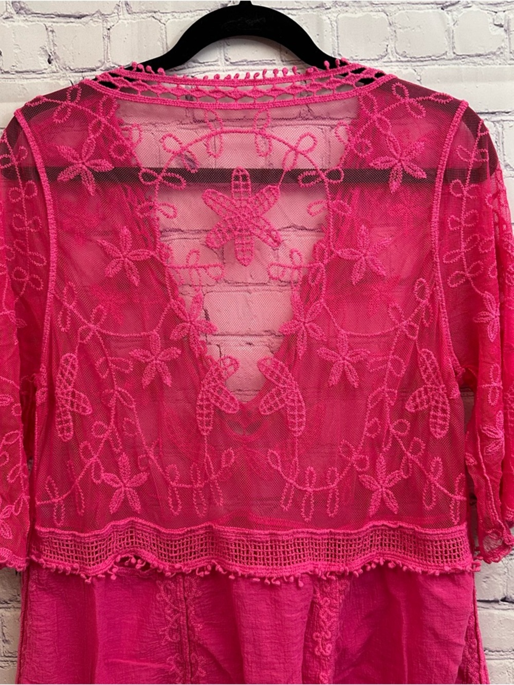 Women’s Sheer Lace V-Neck Swim Coverup Hot Pink Vacation Cruise One Size - Picture 4 of 9